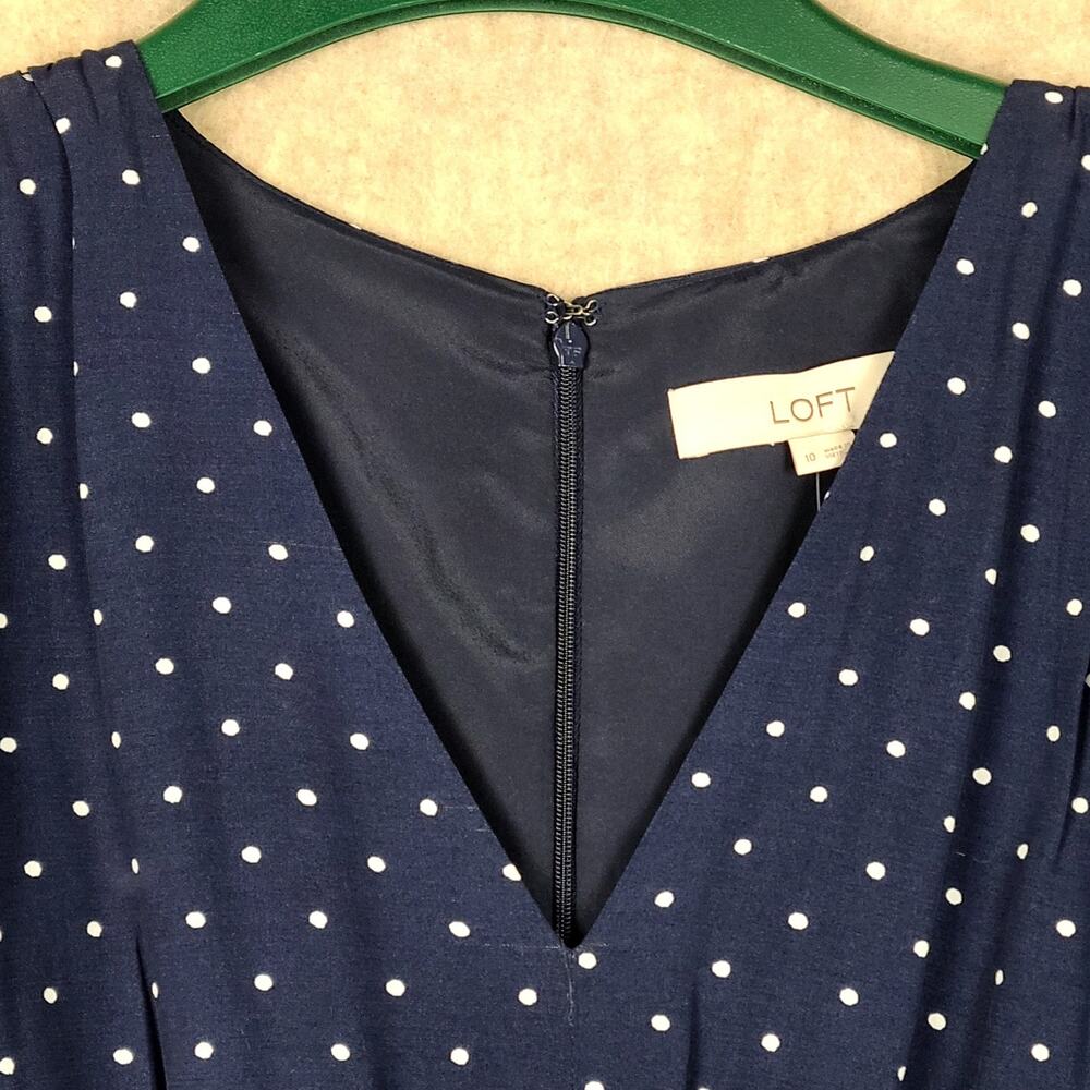 Loft Navy Blue Polka Dot V-neck Dress Puff Sleeves Size 10 NWT Retro 40's Style - Picture 4 of 13